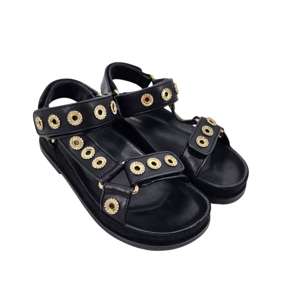 Sandro Paris Rhinestone Hook and Loop Flat Ielda Sandals Noir Size 36/6.5